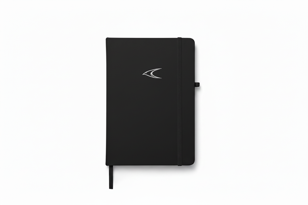 Black Swift Tracker A5 lined notebook, front cover with the white Swift bird logo