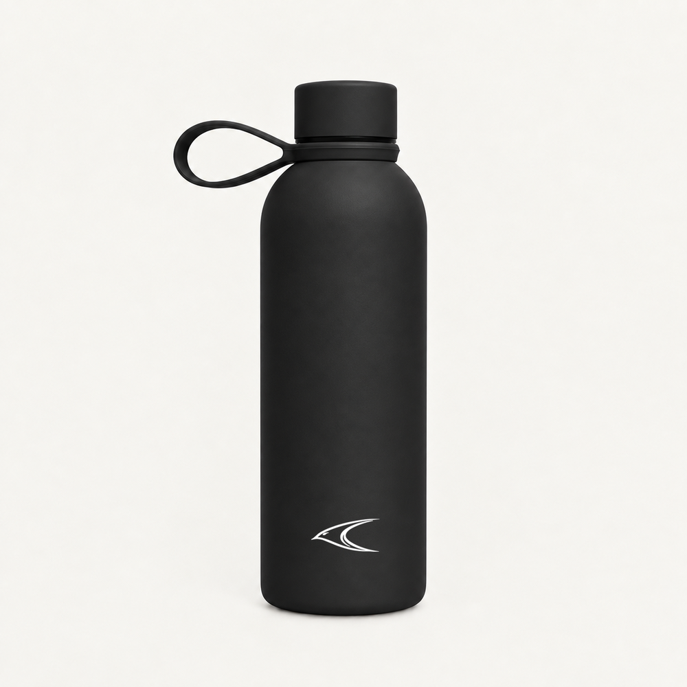 The Swift Bottle 500ml stainless steel water bottle in matte black with its carry loop